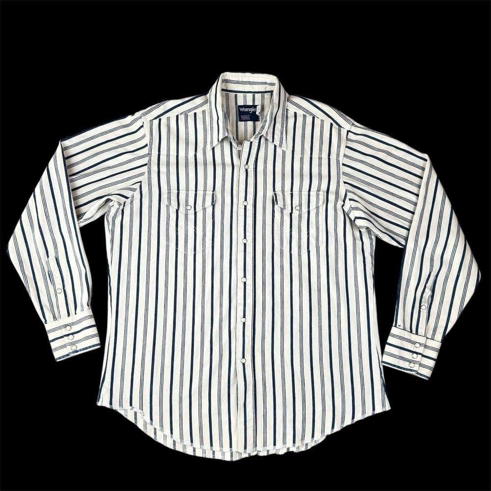 Vtg Wrangler Brushpopper Shirt Mens Sz‎ 17 x 36 Snap Blue White Pinstripe Rodeo